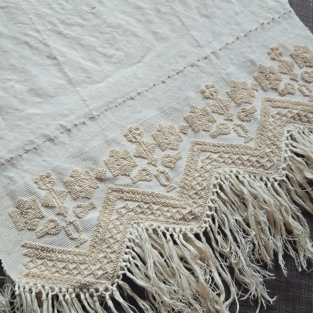 Cream Fringed Embroidered Throw Rug - Picture 1 of 10